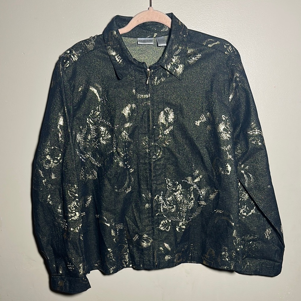 Chicos Dark Denim Embellished Gold Jacket | 2